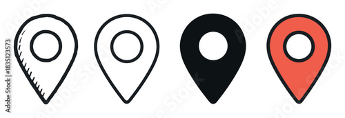 Set of four location pin icons in different graphic styles, including doodle, outline, silhouette, and color, representing navigation, mapping, and destination points