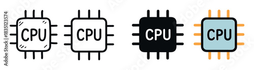 Four computer processor chip icons in various styles including doodle, line art, silhouette, and color flat design for technology and computing concepts