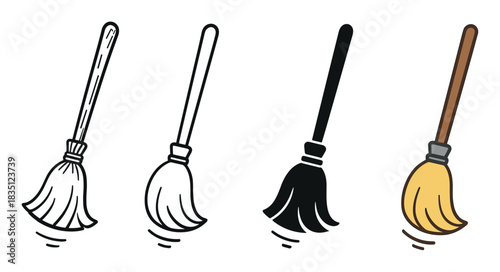 Four broomstick icon variations in different styles including doodle, outline, silhouette, and color for cleaning or household chore concepts, shown in a simple vector illustration set