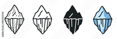Iceberg icon set with four different styles showing a floating glacier in line art, solid glyph, hand-drawn doodle, and simple colored versions for graphic design