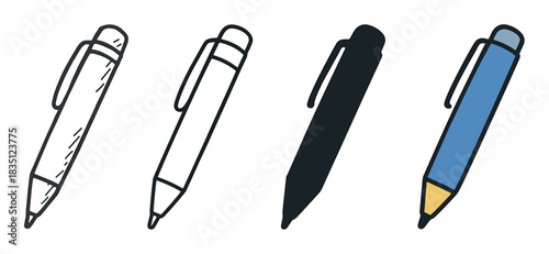 Collection of four ballpoint pen icons presented in various artistic styles such as hand-drawn sketch, simple outline, solid black silhouette, and colorful cartoon