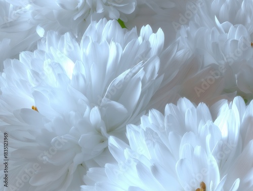 Beautiful pure white daisy petals create a minimal and serene floral arrangement in natural light evoking a sense of calm and simplicity