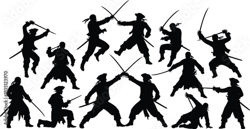 Pirate, sword, fight, silhouette, posture, gesture, action, jump, crouch, strike, bandana, boots, coat, vector, black, pose, setup, dynamic, themed, flavector