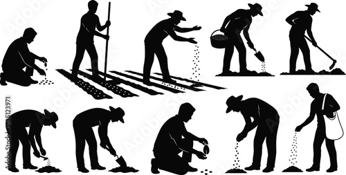 Planting, seed, silhouette, posture, sowing, kneeling, tool, bag, gesture, soil, vector, black, pose, setup, agriculture, rural, manual, tradition, farming, flavector