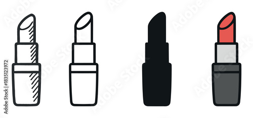 Set of four lipstick icons in various graphic styles including doodle, simple line art, solid silhouette, and a colored version for beauty and cosmetic concepts