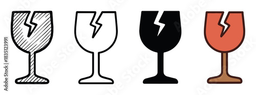 Fragile symbol icon set with a broken glass pictogram in various styles including sketch, outline, silhouette, and color for shipping and packaging labels to indicate careful handling