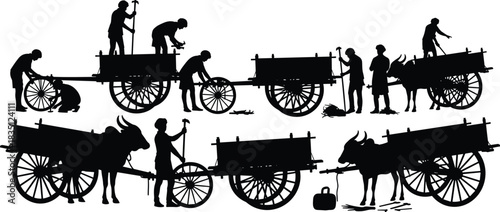 Ox, cart, construction, repair, silhouette, posture, gesture, wheel, hammer, guide, rural, tradition, vector, black, pose, setup, manual, transportation, labor, flavector
