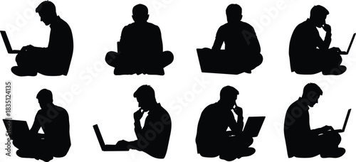 Laptop, usage, silhouette, posture, gesture, sitting, cross-legged, bent, thoughtful, study, work, ergonomic, pose, vector, black, setup, seated, digital, flavector