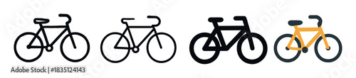 Set of four minimalist bicycle icons showing different styles including a road bike and a city bike in a simple black and yellow graphic illustration style