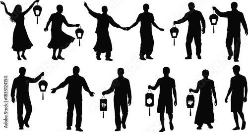 Lantern, parade, silhouette, posture, celebration, festival, tradition, attire, gesture, group, vector, black, pose, setup, cultural, communal, walking, light, ritual, flavector