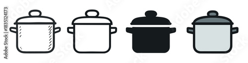 Cooking pot icon set with four different styles including doodle, line art, silhouette, and colored versions for culinary and kitchen-themed graphic design projects