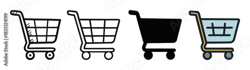 Set of four shopping cart icons in various design styles, including outline, solid black silhouette, and color, representing online purchasing and e-commerce concepts