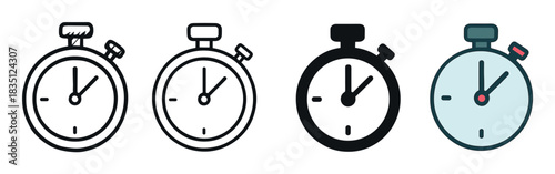 Set of four stopwatch timer icons showing different design styles including line art, solid glyph, and color fill for user interface and graphic design projects