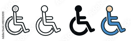 Four different wheelchair accessibility symbol icons shown in a row with sketch, outline, silhouette, and color styles for representing disability and universal design