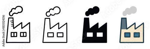 Factory building icon set in four different styles including hand drawn, line art, silhouette, and color fill, showing a plant with a smokestack and smoke for industrial concepts