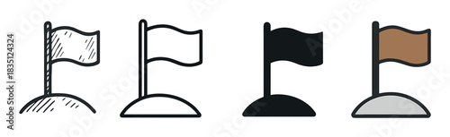 Flag icon set with four different styles including doodle, outline, silhouette, and flat color for marking locations, goals, or destinations on a map or interface