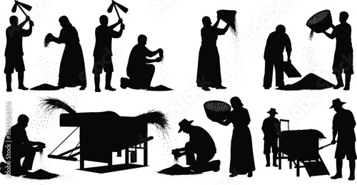 Grain, processing, silhouette, posture, gesture, threshing, winnowing, sifting, grinding, basket, flail, kneeling, rural, manual, tool, setup, pose, black, 