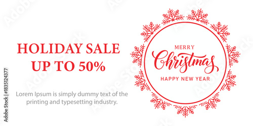 Festive Christmas holiday sale banner with red snowflake frame, elegant Merry Christmas and Happy New Year typography, and bold text promoting up to 50 percent discount on white background.