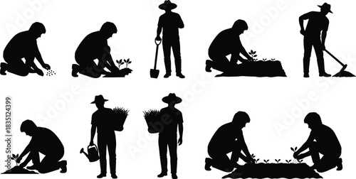 Gardening, farming, activity, silhouette, posture, gesture, sowing, planting, watering, hoe, shovel, basket, teamwork, vector, black, pose, setup, manual, rural, flavector