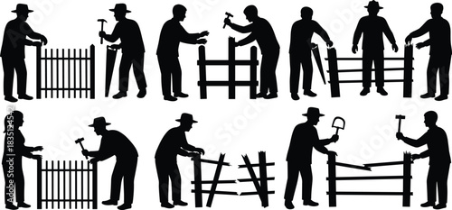 Fence, construction, repair, silhouette, teamwork, posture, hammer, saw, broken, plank, vector, black, pose, setup, manual, labor, fix, tool, collaboration, flavector