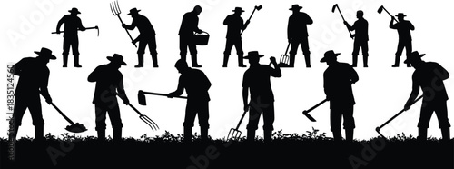 Farming, tool, usage, silhouette, posture, gesture, hoe, rake, pitchfork, basket, hat, boot, vector, black, pose, setup, manual, rural, labor, flavector