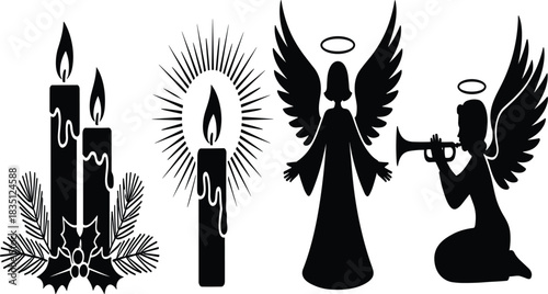 Christmas Angels and Candles Silhouette Set: Religious Holiday Vector Decorations Bundle
