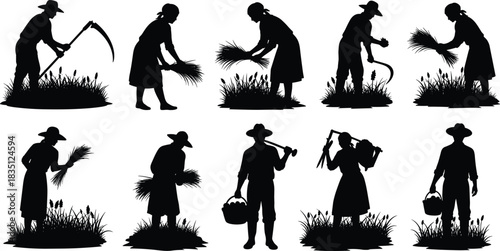 Farming, harvesting, silhouette, posture, gesture, scythe, sickle, basket, crop, grass, tool, rural, traditional, field, vector, black, pose, setup, manual, flavector