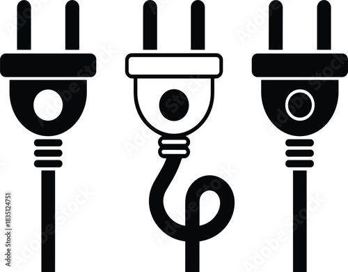 Set of Three Electrical Power Plugs: Black Silhouette Vector Icon Collection