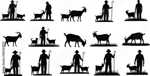 Farmer, goat, silhouette, posture, livestock, rural, grazing, staff, crook, interaction, vector, black, pose, setup, agriculture, animal, tradition, field, shepherd, flavector