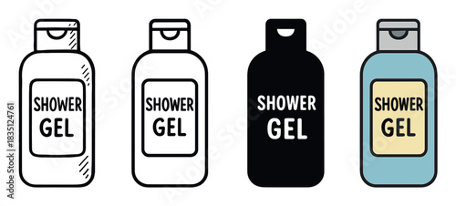 Shower gel bottle icon set in four different styles including doodle, outline, silhouette, and color for cosmetic and hygiene concepts, presented as a simple graphic illustration