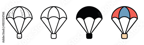 Set of four parachute vector icons showing different design styles including a hand-drawn doodle, a simple outline, a solid black silhouette, and a flat color illustration