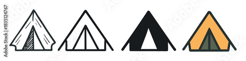 Set of four camping tent icons showing different graphic styles including a hand-drawn doodle, simple line art, a solid silhouette, and a colored flat design for outdoor themes