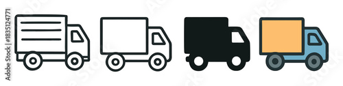 Delivery truck icon set with four different styles including line art, a solid black silhouette, and a flat color design for logistics and shipping services