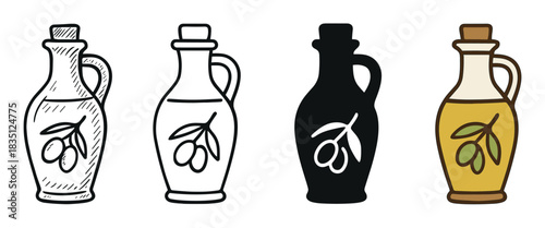 Collection of four olive oil cruet illustrations in sketch, outline, silhouette, and color styles, showing a classic container with a stopper, handle, and olive branch design