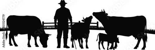 Farmer, cow, silhouette, posture, grazing, livestock, rural, field, hat, boots, group, vector, black, pose, setup, agriculture, tradition, terrain, herding, flavector