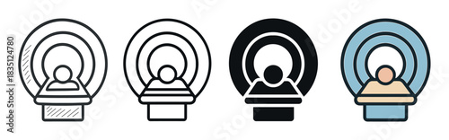 Set of medical imaging icons depicting a patient inside an MRI or CT scanner, a collection of symbols in line art, glyph, and colored flat styles for diagnostic medicine