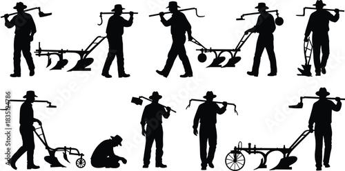 Farmer silhouettes with old walking plows, traditional agriculture, rural farming labor, and vintage toil
