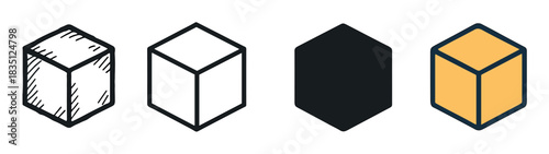 Four different cube or box icons in a minimalist set, featuring a doodle sketch, a thin outline, a simple black silhouette, and a modern flat color vector graphic illustration