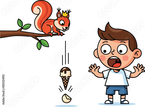 A surprised boy watches as a squirrel drops ice cream onto the ground.