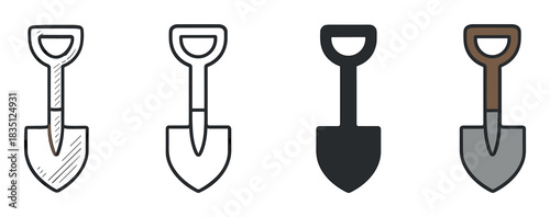 Set of four shovel icons presented in various graphic styles including doodle, line art, silhouette, and flat color for gardening or construction concepts