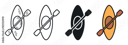 Kayak and paddle icon set in four different styles including line art, outline, silhouette, and colored flat design for water sports and recreation concepts