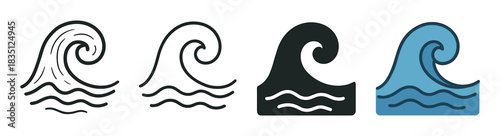 Set of four ocean wave icons showing different graphic styles including detailed line art, simple outline, solid black silhouette, and a blue colored flat design illustration
