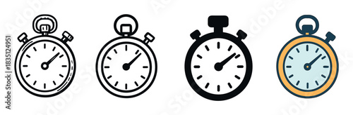 Collection of four stopwatch timer icons in various graphic styles including outline, solid glyph, and colorful flat illustration for concepts of speed and deadlines