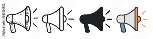 Megaphone icon set with four variations including a hand-drawn doodle, a clean outline, a solid black silhouette, and a modern colored flat design