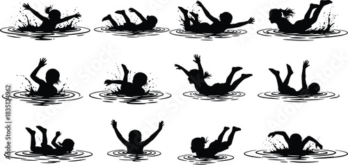 Children, swimming, silhouette, posture, water, splash, dive, float, ripple, play, vector, black, pose, setup, motion, activity, fun, recreation, pool, flavector