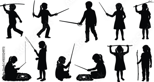Children, stick, play, silhouette, posture, sword, tablet, interaction, motion, pose, vector, black, setup, activity, digital, physical, imagination, fun, youth, flavector