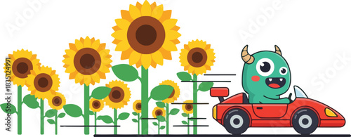 A cartoon monster with horns drives a red sports car past a field of sunflowers, creating a sense of speed.