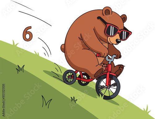 Cartoon illustration of a brown bear wearing sunglasses riding a red tricycle down a grassy hill with the number six floating nearby.