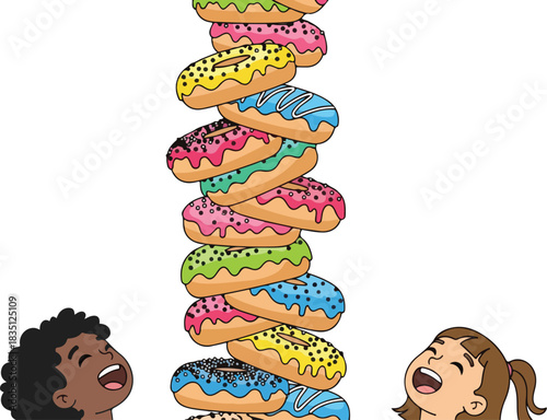 Two children gaze up in amazement at a tall tower of colorful, frosted donuts.