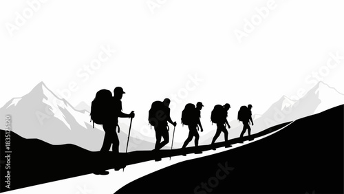 Silhouette of a group of five hikers with backpacks trekking uphill.